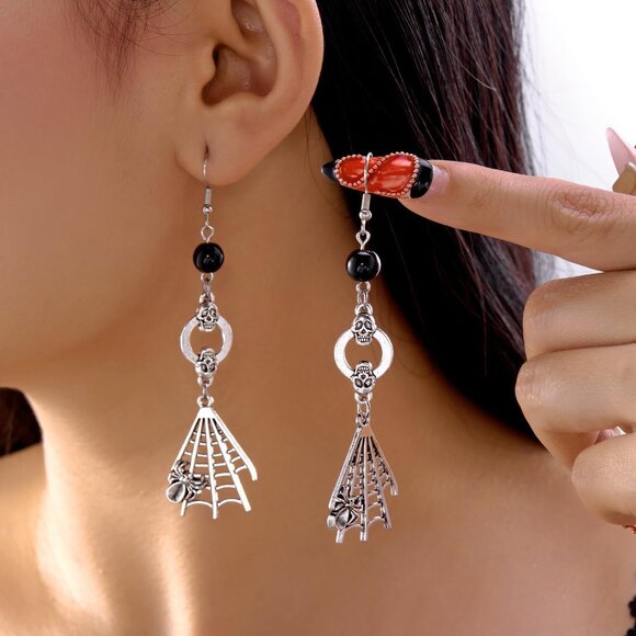 Women's Silver Halloween Skeleton Spider Pumpkin Party Ghost Dangle Earrings - Picture 3 of 7